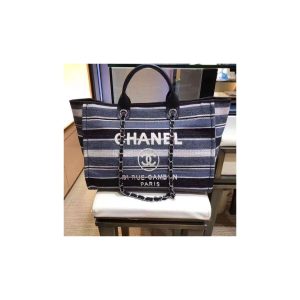 Chanel Deauville Black Grey Striped Tweed Canvas Tote A66941