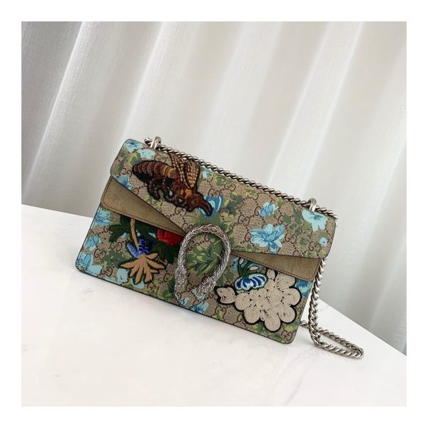 Gucci Embroidered Bee And Flower Shoulder Bag 400249 Khaki