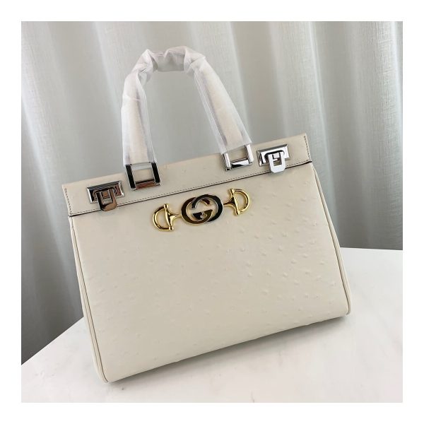 Gucci Zumi Ostrich Leather Medium Top Handle Bag 569712 White