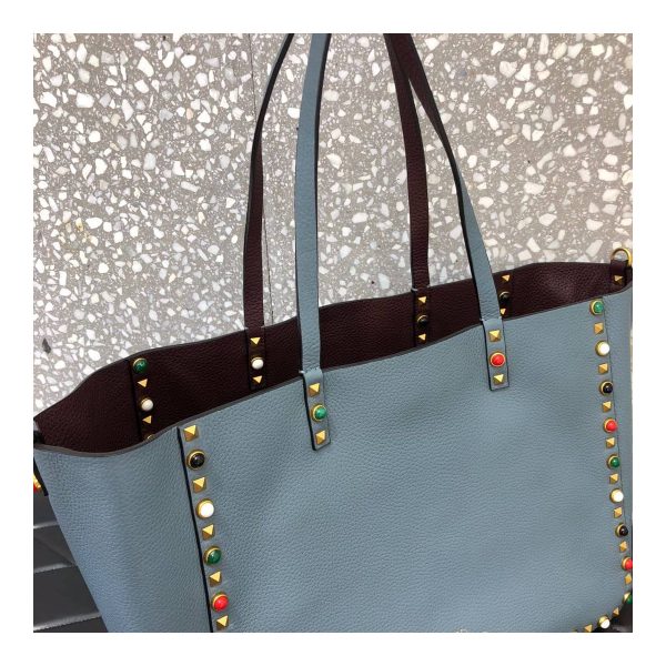 Valentino Garavani Medium Double Rockstud Reversible Tote Bag 0067G Blue/Burgundy