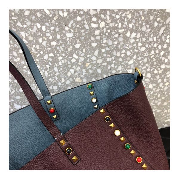 Valentino Garavani Medium Double Rockstud Reversible Tote Bag 0067G Blue/Burgundy