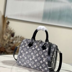 Louis Vuitton SPEEDY 25 Denim Black Women Top Handle Bag Purse Shoulder Bag 12