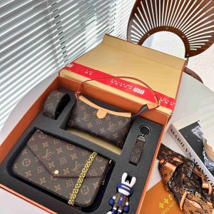 LV Stylish Bag Set Pochette Felicie Silk Scarf Doll Keychain 5 Sets