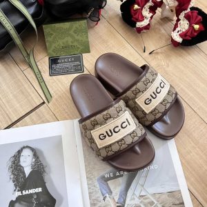 Gucci GG Slide Leather Embraidered Men Women Chocolate Sandal 1