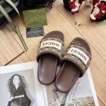 Gucci GG Slide Leather Embraidered Men Women Chocolate Sandal