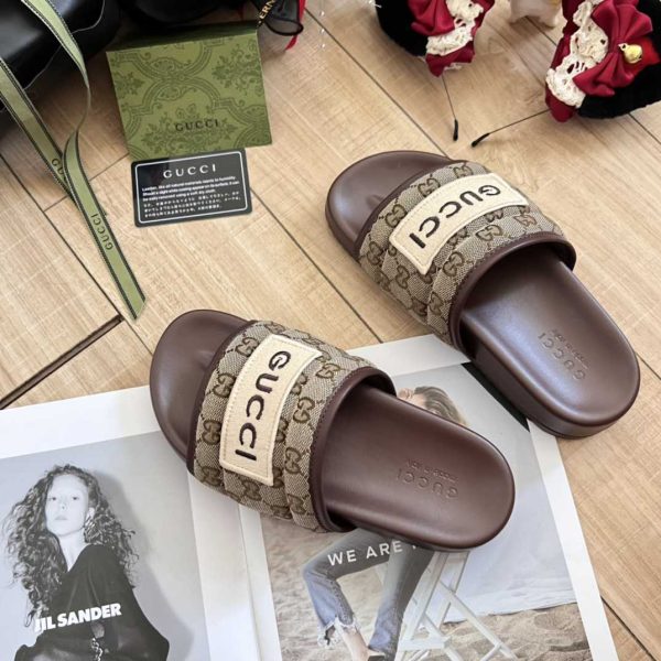 Gucci GG Slide Leather Embraidered Men Women Chocolate Sandal