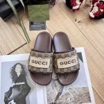 Gucci GG Slide Leather Embraidered Men Women Chocolate Sandal