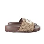 Gucci GG Slide Leather Embraidered Men Women Chocolate Sandal