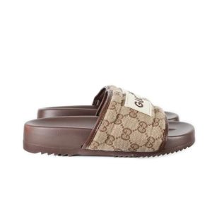 Gucci GG Slide Leather Embraidered Men Women Chocolate Sandal