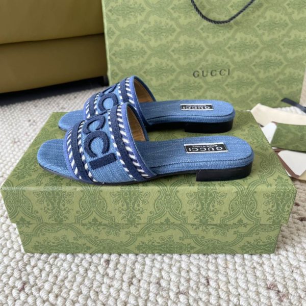 Gucci Jane Logo Denim Embroidered Slide Blue Pink