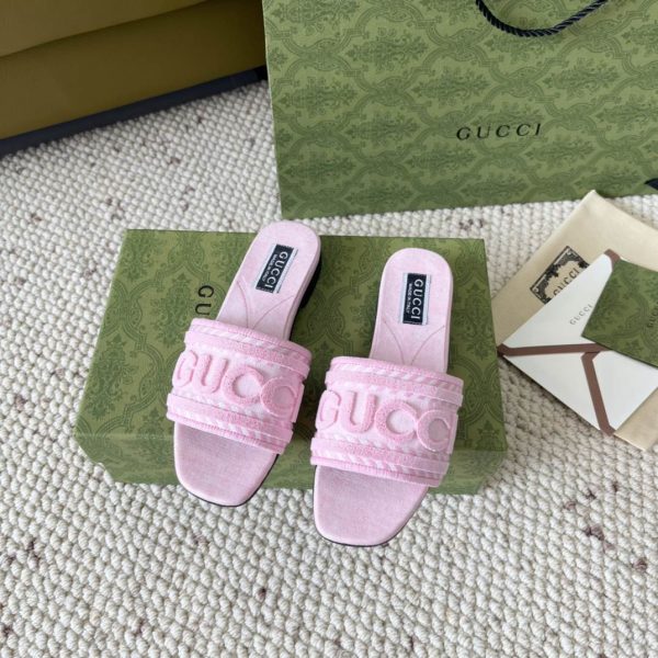 Gucci Jane Logo Denim Embroidered Slide Blue Pink